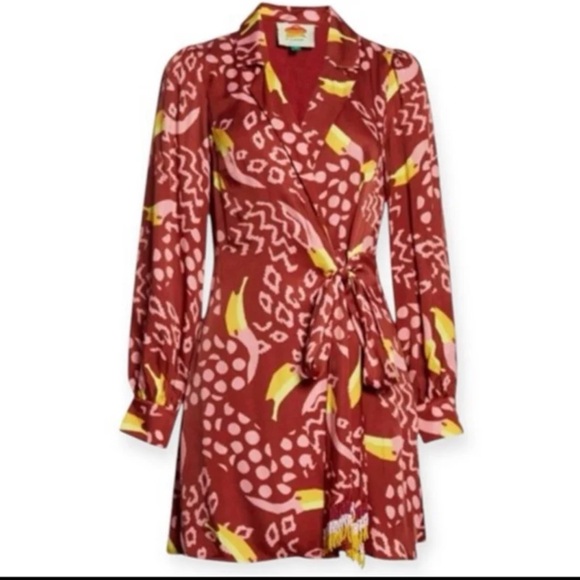 Farm Rio Toucanissimo Long Sleeve Print Beaded Tie Dress size Medium - Picture 3 of 12